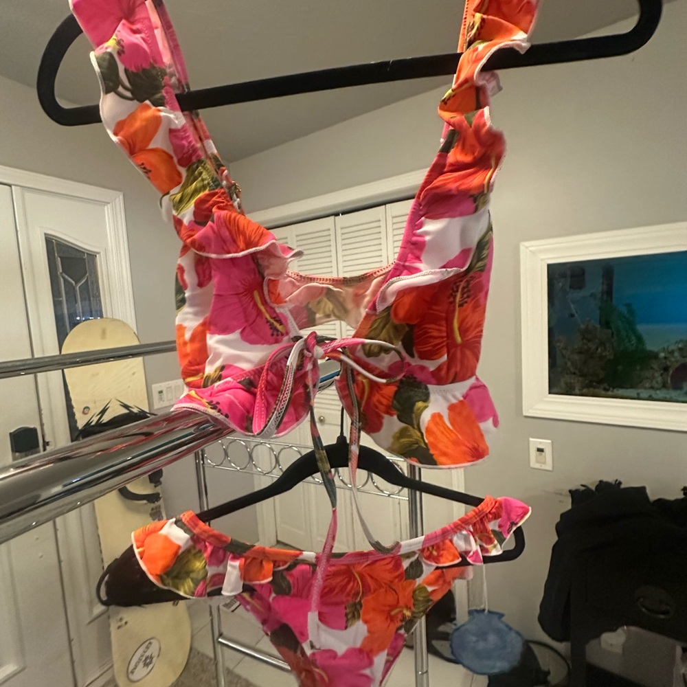 Show Me Your MuMu Pink and Orange Floral Ruffle Bikini Top
